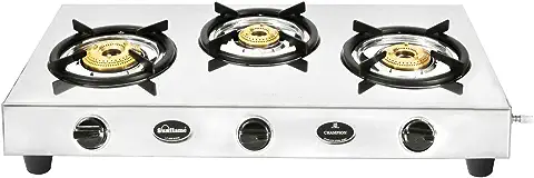 1. Sunflame Champion 3-Burner Gas Stove | Stainless Steel Body | 2-Years Product Coverage | 1 Medium and 2 Small Brass Burners| Euro-Coated Pan Supports| Manual Ignition | Silver