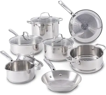 T-fal Stainless Steel Cookware Set 11 Piece Induction, Pots and Pans, Dishwasher Safe,Silver