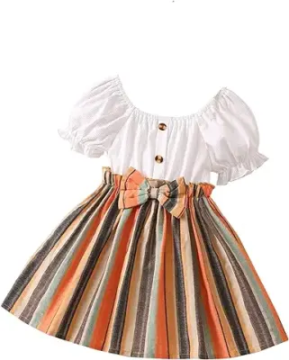 5. TAGAS Toddler Girls Striped Print Puff Sleeve Bow Front Dress