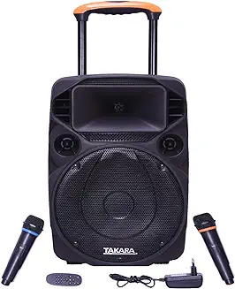 9. TAKARA T-1112 Portable Trolley Speaker 12 Inch Multimedia BT, Karaoke with Audio Recording, USB, SD,FM PA System with 2 Wireless Mic