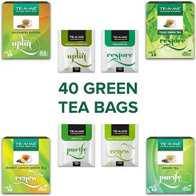 12. TE-A-ME Assorted Green Tea Bags 40 pcs | Pack of Uplift Kashmiri Kahwa Green Tea, Restore Tulsi Green Tea, Purify Green Tea, Renew Honey Lemon Green Tea, 40 Tea Bags | Green Tea Sample