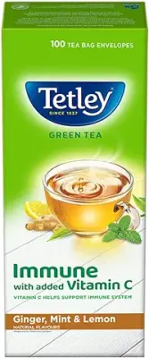 4. Tetley Green Tea Immune, With Added Vitamin C, Ginger, Mint & Lemon, 100 Tea Bags, 1.4gx100