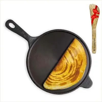 6. The Indus Valley Super Smooth Cast Iron Tawa with Free Wooden Spatula for Dosa/Chapathi | 25.4cm/10 inch, 1.8kg | Induction Friendly | Naturally Nonstick, 100% Pure & Toxin-Free, No Chemical Coating