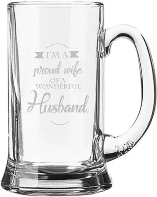 9. TheYaYaCafe Proud Wife of Wonderful Husband Engraved Playboy Glass Beer Mug (357ml, Clear)