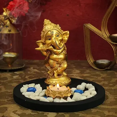 9. TIED RIBBONS Ganesha Statue Playing Bansuri with with Wooden Flower Tealight Candle Holder Colorful Stones and Wooden Base - Diwali Decoration Items for Home Gifts Set