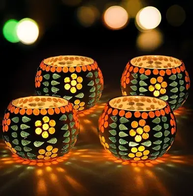 12. TIED RIBBONS Pack of 4 Turkish Mosaic Glass Votive Tealight