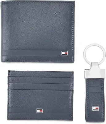 9. Tommy Hilfiger Blackpool Leather Wallet + Card Case + Keyfob Gift Set for Men - Navy