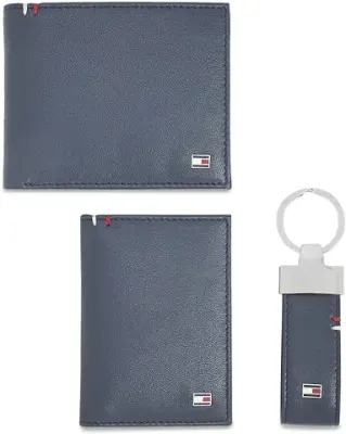 5. Tommy Hilfiger Stalin Leather Wallet + Card Case + Keyfob Gift Set for Men - Navy