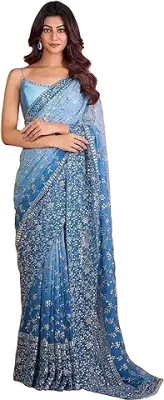 1. TRENDMALLS Women's Georgette Sequence with Embroidery work Saree with Unstitched Blouse Piece (K963-Skyblue)