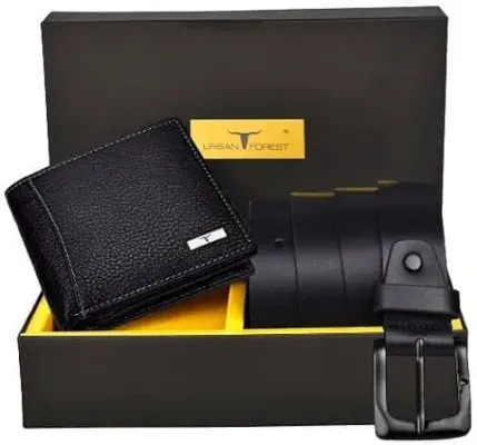 4. URBAN FOREST Brian Black Leather Wallet & Black Casual Belt Combo Gift Set for Men