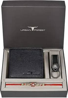 8. URBAN FOREST Rakhi Gift Hamper for Brother - Classic Black Men's Leather Wallet, Black Keyring and Rakhi Combo Gift Set for Brother - 4558