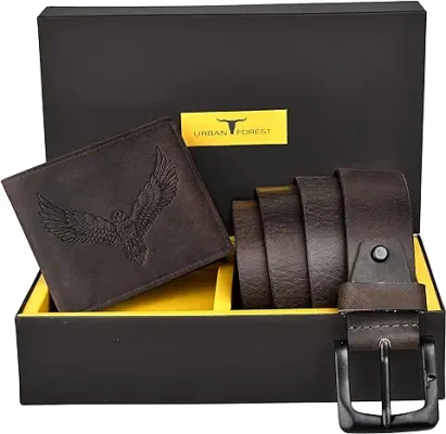 10. URBAN FOREST Zeke Vintage Leather Wallet & Casual Leather Belt Combo Gift Set
