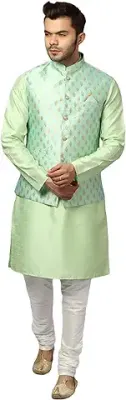 6. Uri and MacKenzie Men's Silk Blend Regular Kurta Churidar Pyjama with Bundi Nehru Jacket/Waistcoat