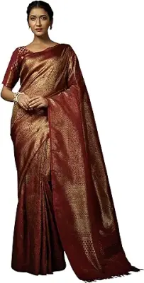 12. Vardha Women's Kanchipuram Art Silk Saree with Unstitched Blouse Piece - Zari Woven Work Sarees for Wedding