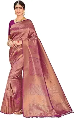 5. Vardha Women's Kanchipuram Raw Silk Saree with Unstitched Blouse Piece - Zari Woven Work Sarees for Wedding
