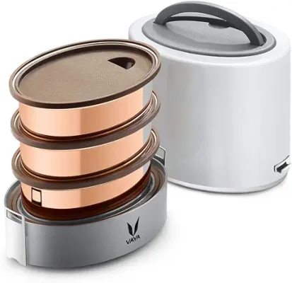 3. VAYA TYFFYN Lunch Box for Office for Men, Copper Finished Steel Lunch Box,1000ml Vacuum Insulated Hot Lunch Box, Leakproof Hot Tiffin Box with 3 Compartments,White