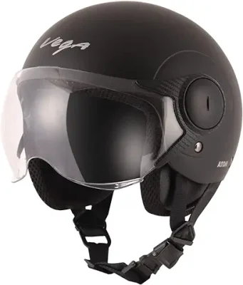 2. Vega Atom ISI Certified Smooth Matt Finish Open Face Helmet for Men and Women with Clear Visor(Dull Black, Size:M)