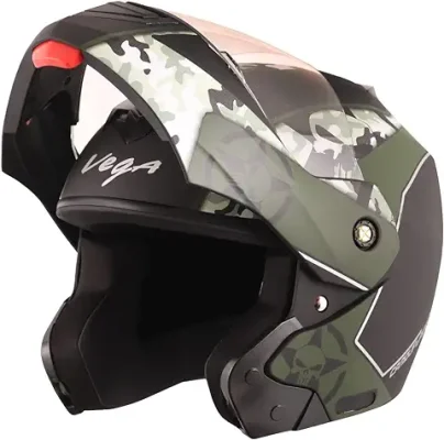 14. Vega Crux Dx Camouflage ISI Certified Smooth Matt Finish Flip-Up Helmet for Men and Women with Clear Visor(Dull Black Battle Green, Size:L)