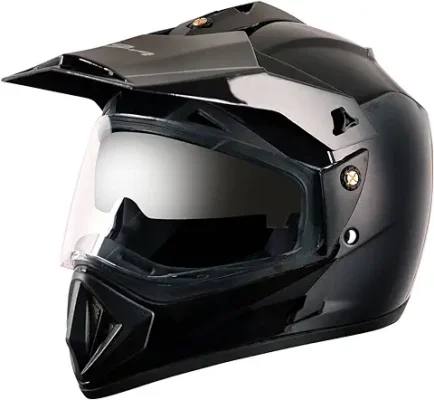 12. Vega Off Road ISI Certified Gloss Finish Full Face Dual Visor with Peak Helmet for Men and Women Outer Clear Visor and Inner Smoke Sun Visor(Black, Size:M)