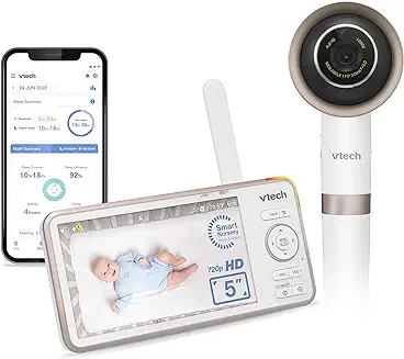 9. VTech V-Care 1080p FHD Over-The-Crib WiFi Smart Baby Monitor with 5" 720p HD LCD Screen. Remote Access, Intelligence Built-in, Sleep Analysis, Rollover & Face Cover Detection, 18 hrs. Recording
