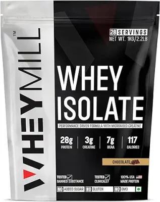 4. WHEYMILL Protein Isolate 28G Protein, 3G Creatine, 7G Bcaa Easy Mixing, Low Carbs Whey Protein Isolate Supplement Powder With Creatine For Men, Women & Athletes (1 Kg/2.2Lb 28 Servings Chocolate)