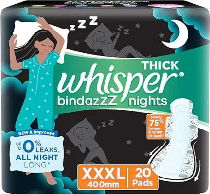 7. Whisper Bindazzz Night Sanitary Pads|20 Thick Pads|XXXL|upto 0% Leaks|Suitable for Heavy Flow|75% Longer & Wider back|Comfortable Cushiony soft wings|40 cm Long|With disposable wrap