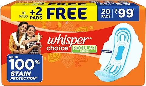 8. Whisper Choice Sanitary Regular Pads for Women, Regular, Pack of 20 Napkins