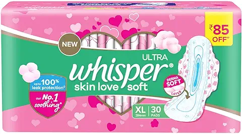 4. Whisper Ultra Skinlove Soft Sanitary Pads for Women|30 thin Pads|XL|Cottony soft|our #1 Softness|Soft top sheet|Irritation free |28.4 cm Long|With disposable wrap