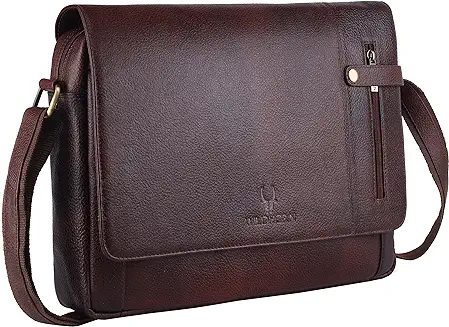 8. WildHorn Leather Messenger Bag for Men/Office Bag for Men I Padded Laptop Compartment with Adjustable Strap I DIMENSION : L-14 inch W-3 inch H-11 inch