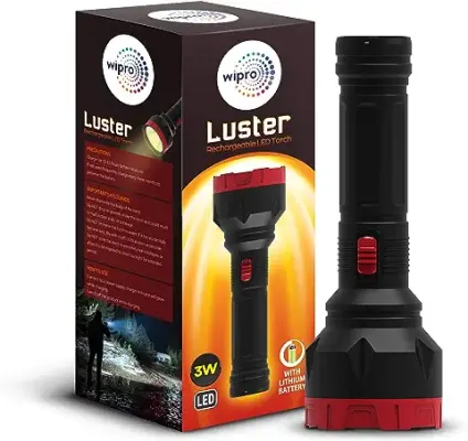 1. wipro Luster 3W Led Bright Rechargeable Torch |Emergency Torch Light |Li Ion Battery, Red and Black, ABS (Pack of 1,