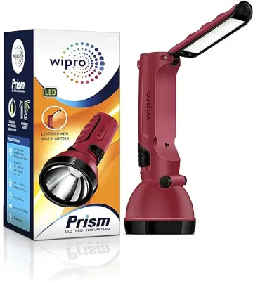 6. Wipro Prism Multi Functional Rechargeable LED Torch cum Lantern|Dual Mode|Emergency Light with 1200mAh Li Ion Battery|4 Watt, (Red, Pack of 1)