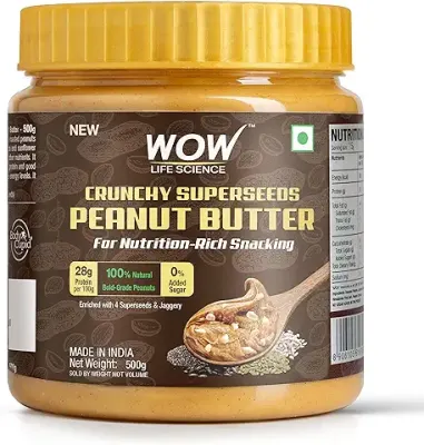 15. WOW Life Science - Peanut Butter with Super Seeds (Crunchy) - 500 gm | High Protein with 28g Protein per 100g | For Nutrition Rich Snacking - Weight Management, Muscle Building and Healthy Lifestyle