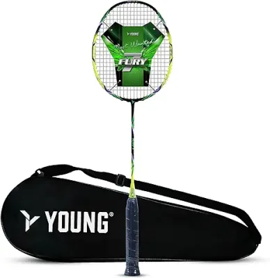 6. YOUNG Fury 7 Graphite Lightweight Professional Badminton Racket, Head Light, High Modulus Graphite, Strung, (Black/Yellow), Includes Full Cover