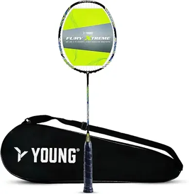 15. YOUNG(Malaysia) Fury Xtreme Professional Lightweight Badminton Racket, Japanese High Modulus Graphite (Tension Upto 30 lbs), Strung, Includes Full Cover
