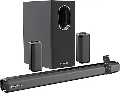 14. ZEBRONICS Juke BAR 7400 PRO 5.1 Channel soundbar with 6.5" subwoofer, 180W RMS, Dual Rear Satellites, HDMI (ARC), Optical in, AUX, BT v5.0, USB in, Remote Control,LED Display and Wall Mount(Black)