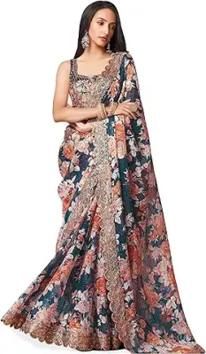 7. Zeel Clothing Women's Floral Organza Heavy Sequins Saree with Blouse (1100-Designer-Floral-Party-Wedding-Saree, Free Size)