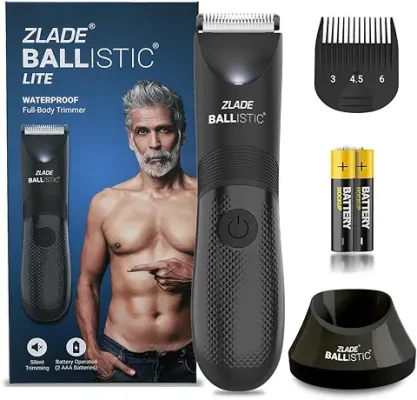 3. Zlade Ballistic LITE Manscaping Body Trimmer for Men - Beard, Body, Pubic Hair Grooming, Private Part Shaving - Waterproof, Cordless AAA Battery Powered - Smart Travel Lock, 3 Second Long Press Button to Start, Colour Black