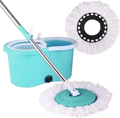 10. Zureni Bucket Quick Spin Mop with 2 Microfiber Wet Dry Mophead Floor Cleaning pocha Extendable Handle Removable Wringer 360° Floor Cleaner Mopping Set (Random Colour)