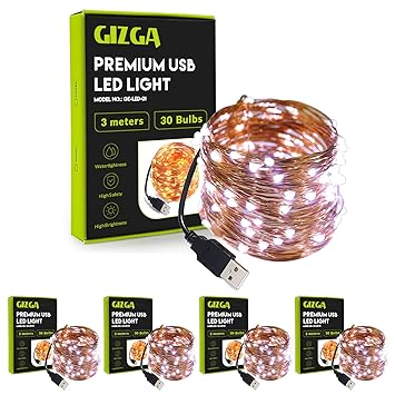 GIZGA Essentials Copper LED Fairy String Lights with USB, High Brightness, Low Power Consumption, Indoor Outdoor Decoration, Diwali Light, Christmas Decor, Party Light, 3 Meter, White, Pack of 5