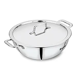 BERGNER Tripro Triply Stainless Steel Kadhai with Stainless Steel Lid, 22 cm, 2.35 Liter, Induction Base, Silver
