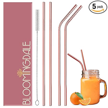 Bloomingdale Reusable Stainless Steel Straw with Cleaning Brush Long Metal Straws For Drinking, Reusable Set Of 5 (2- Bend Pipe, 2- Long Straw, 1-cleaning Brush) - Rose Gold