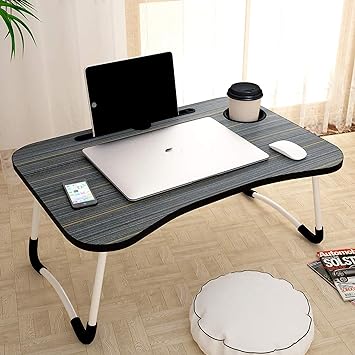 AUNO Wood Standard Multi-Purpose Laptop Table With Dock Stand/Study Table/Bed Table/Foldable And Portable/Ergonomic & Rounded Edges/Non-Slip Legs/Engineered Lapdesk With Cup Holder (Black)