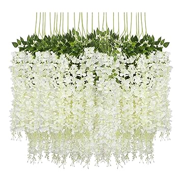 Pauwer 12 Pack (43.2 FT) Artificial Wisteria Vine Ratta Fake Wisteria Hanging Garland Silk Long Hanging Bush Flowers String Home Party Wedding Decor (White)