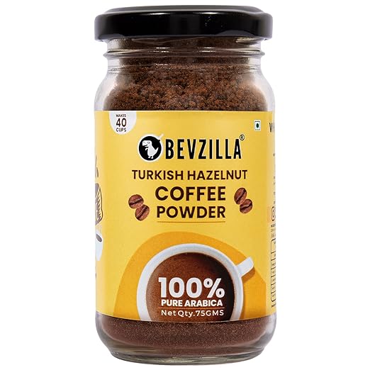 Bevzilla Instant Coffee Powder (Turkish Hazelnut Flavour) - 75 Grams | 100% Premium Arabica Beans | Hot & Cold Coffee | Makes 40 Cups | Strong Coffee | Flavoured Coffee| Glass Jar