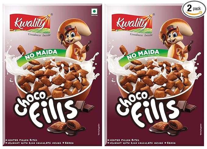 Kwality Choco Fills - Zero% Maida Chocolate Flavor, Center Filled Bites, Crunchy with Rich Chocolate Inside 250g x 2