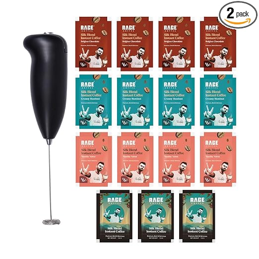 Rage Coffee - Silk Blend Assorted Sachets & Frother Coffee Kit Combo (15 X 1.5 Gram Sachets) | 3 Classic, 4 Creamy Hazelnut, 4 Vanilla Velvet & 4 Belgian Chocolate Flavours & Beater)| Hot & Cold Coffee