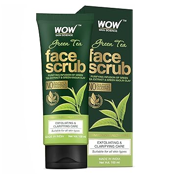 WOW Skin Science Green Tea Face Scrub - with Green Tea Extract & Green Kaolin Clay - for Exfoliating & Clarifying Skin - No Sulphate, Parabens, Silicones & Synthetic Color - 100mL