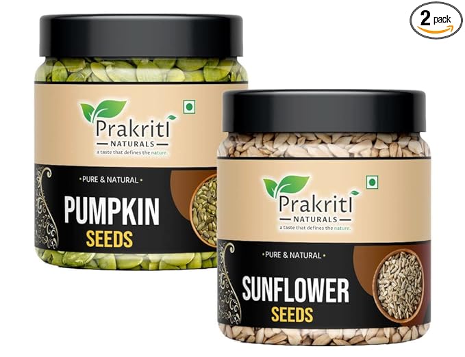 Prakriti Naturals® Raw Pumpkin Seeds - 250g and Sunflower Seeds - 250g for Eating. Protein and Fibre Rich Food For Immunity Booster Diet Pack (250g+250g Jar Pack)