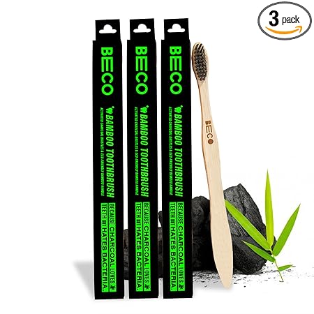 Beco Compostable Bamboo Toothbrush with Ultra-Soft Charcoal activated Bristles, 100% Natural & Eco-Friendly (Pack of 3)