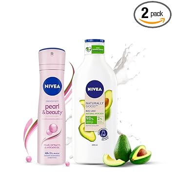 Nivea Pearl & Beauty Deodorant 48 Hrs, 150ml & Naturally Good, Natural Avocado Body Lotion, 200ml